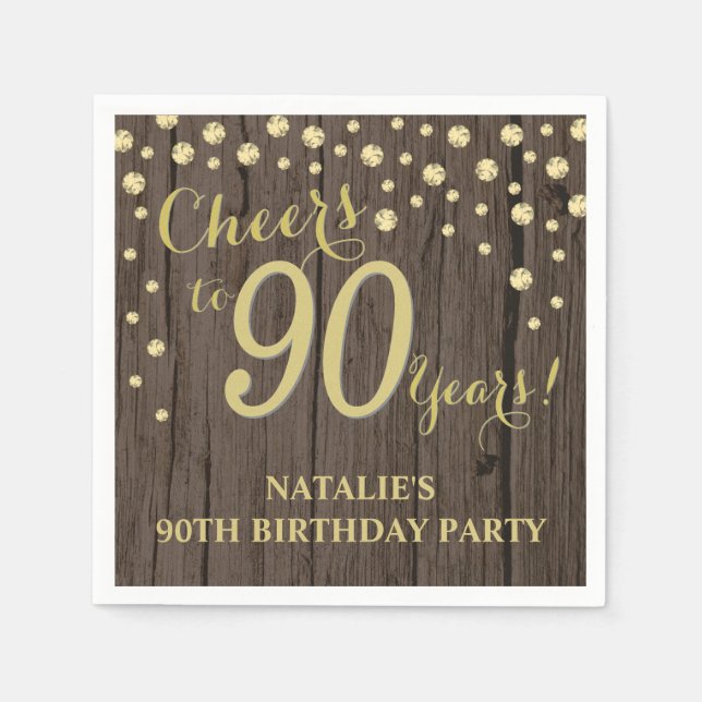 90th Birthday Party Rustic Wood and Gold Diamond N Napkin (Front)