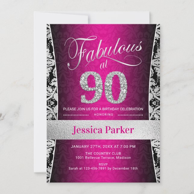 90th Birthday Party - Silver Black Pink Invitation (Front)