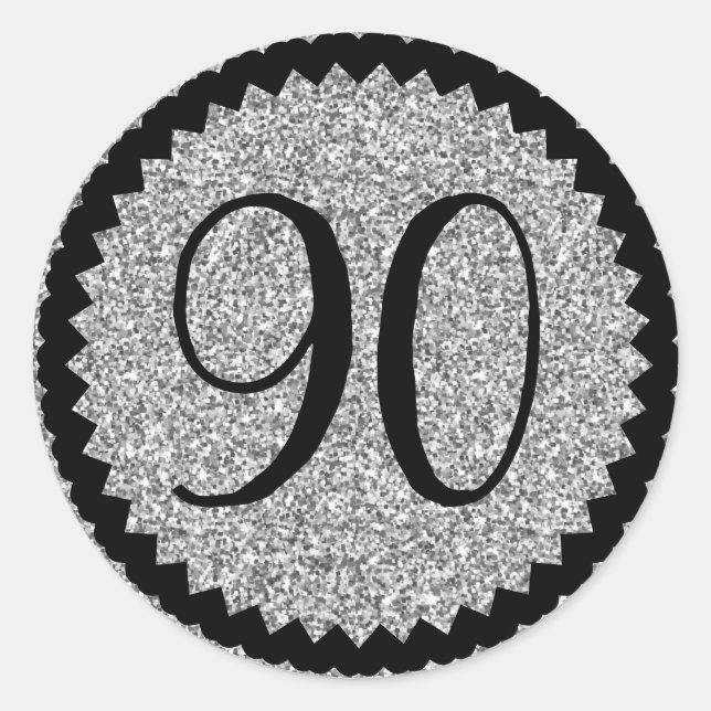 90th Birthday Party Silver Glitter Classic Round Sticker (Front)