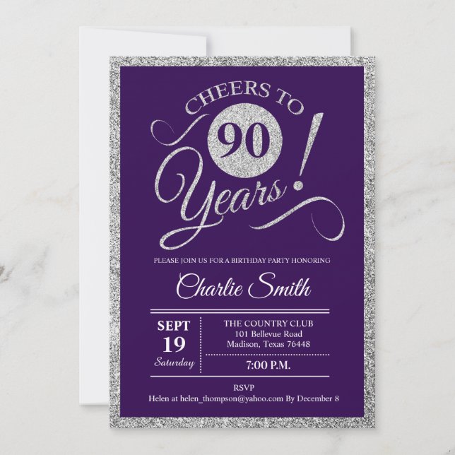 90th Birthday Party - Silver Purple ANY YEAR Invitation (Front)