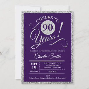 90th Birthday Party - Silver Purple ANY YEAR Invitation