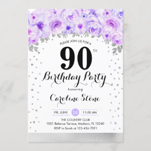 90th Birthday Party - Silver Purple Flowers Invitation
