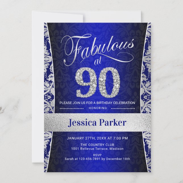 90th Birthday Party - Silver Royal Blue Invitation (Front)