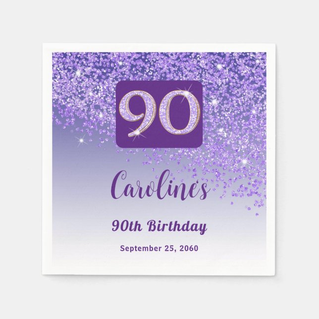 90th Birthday Party Sparkle Purple Glitter Napkin (Front)