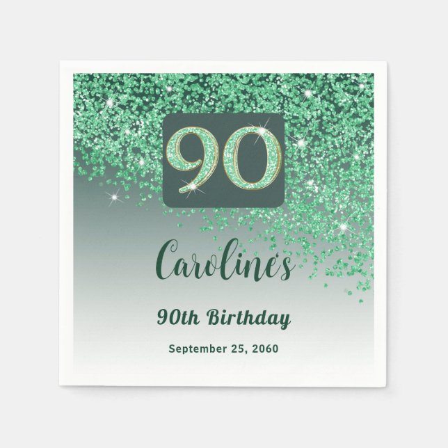 90th Birthday Party Sparkling Green Glitter Napkin (Front)