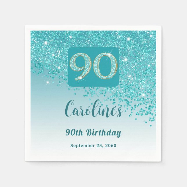 90th Birthday Party Sparkling Teal Blue Glitter Napkin (Front)