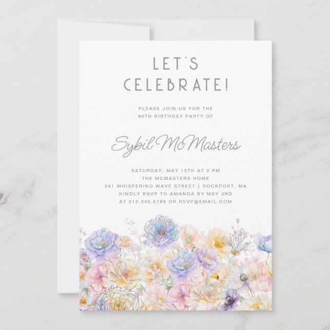 90th Birthday Party Spring Watercolor Floral Invitation (Front)