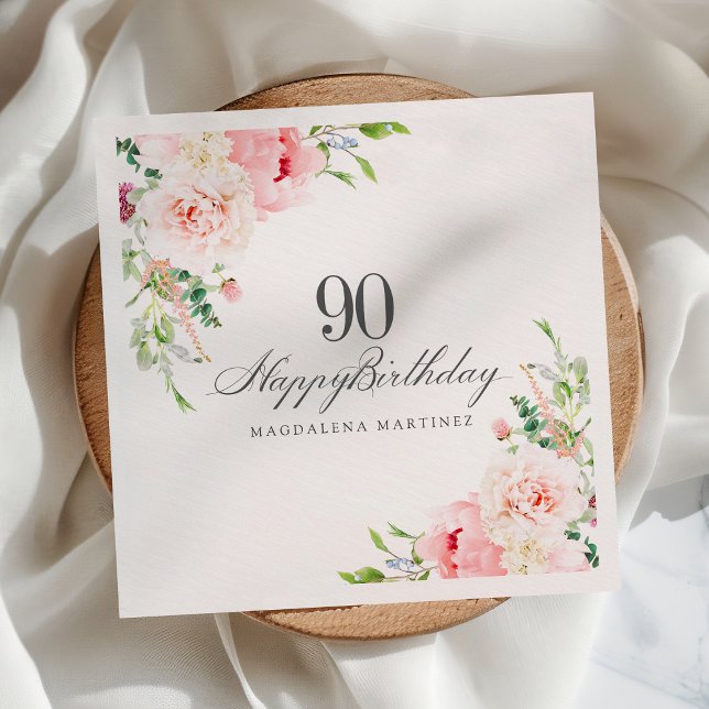90th Birthday Party Supplies Pink Floral Custom Napkin (Creator Uploaded)