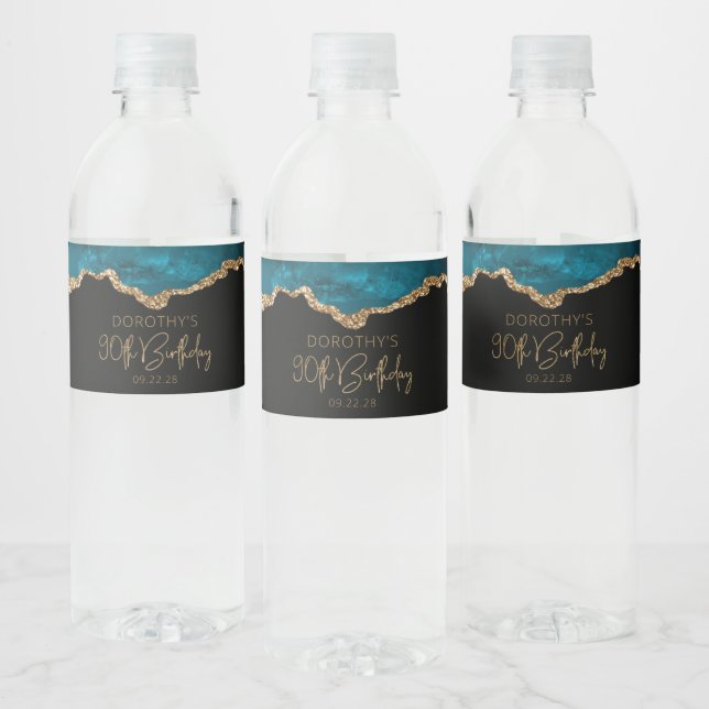 90th Birthday Party Teal Blue Gold Agate Water Bottle Label (Bottles)