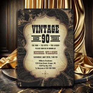 90th Birthday Party Vintage Theme World Map Invitation