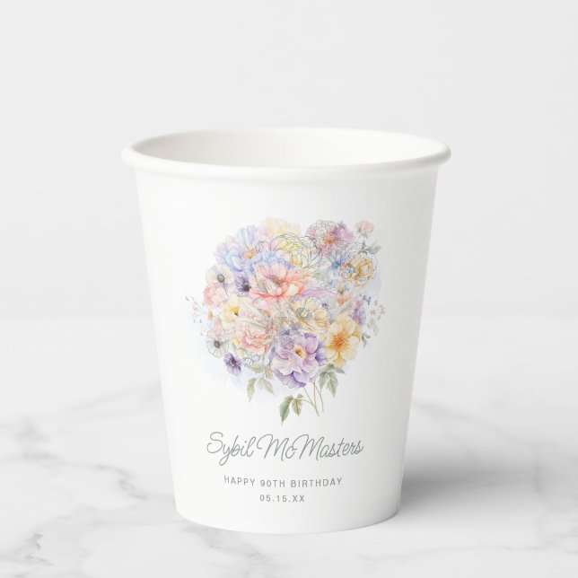 90th Birthday Party Watercolor Floral Custom Paper Cups (Front)