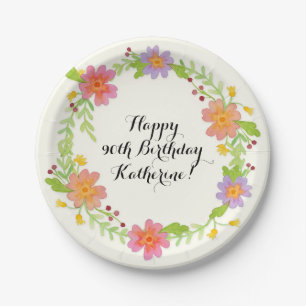 90th Birthday Party Watercolor Modern Floral Paper Plate