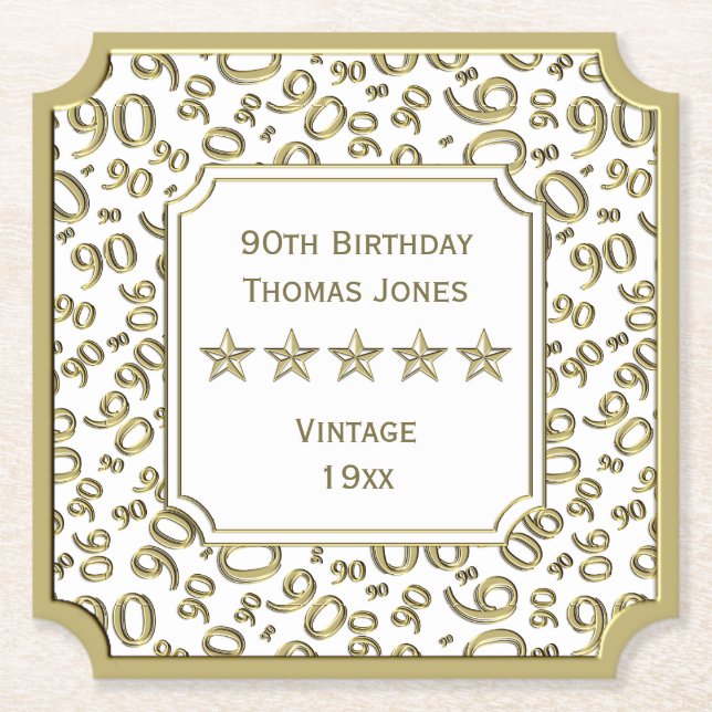 90th Birthday Party White/Gold Pattern Theme Paper Coaster (Front)