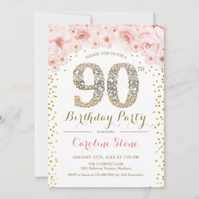 90th Birthday Party - White Gold Pink Invitation (Front)