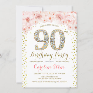 90th Birthday Party - White Gold Pink Invitation