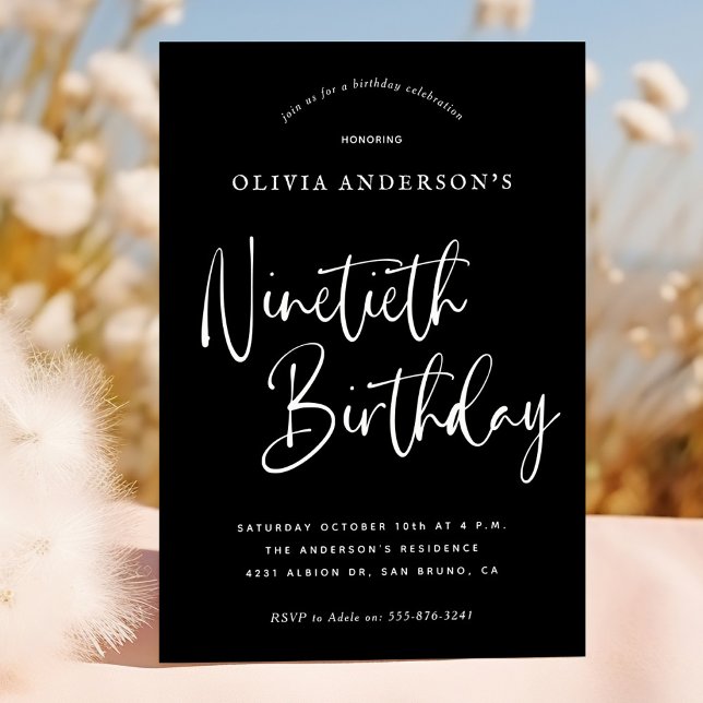 90th Birthday Party | White on Black Typography Invitation (Creator Uploaded)