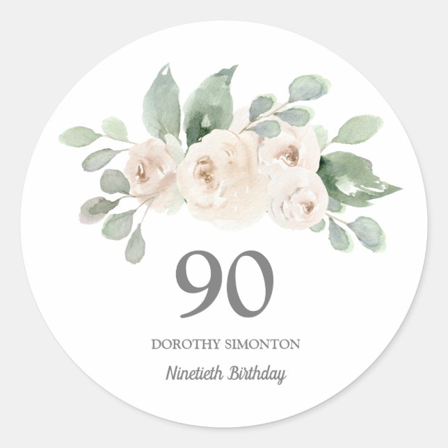 90th Birthday Party White Rose Eucalyptus Classic Round Sticker (Front)