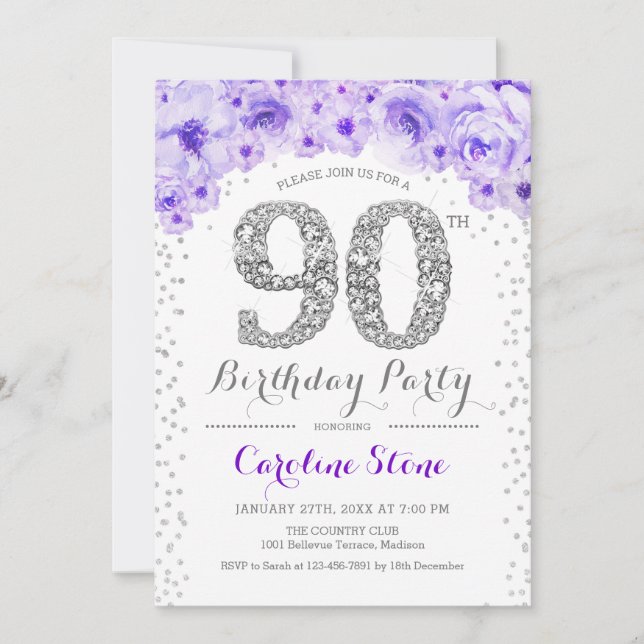 90th Birthday Party - White Silver Purple Invitation (Front)