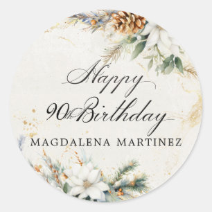 90th Birthday Party White Winter Floral Custom Classic Round Sticker