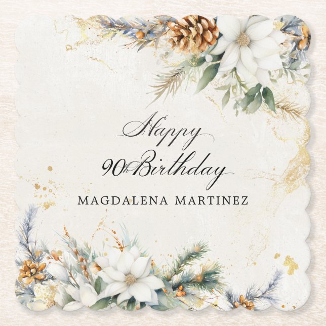 90th Birthday Party White Winter Floral Custom Paper Coaster (Front)
