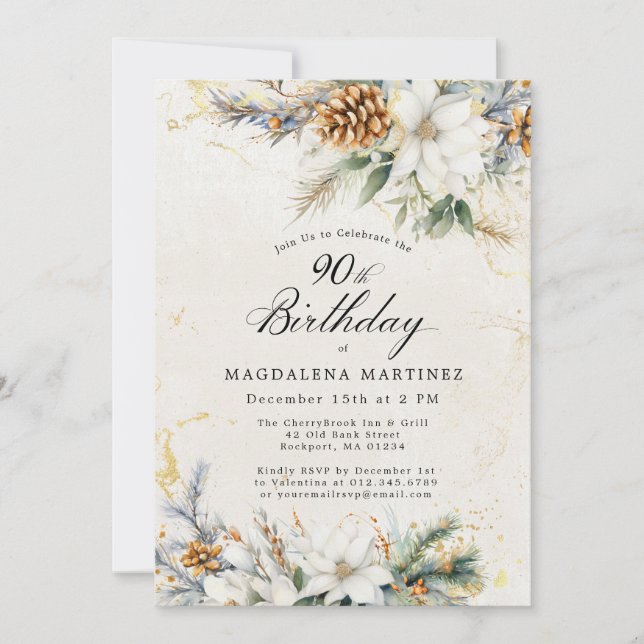90th Birthday Party Winter White Floral Greenery Invitation (Front)