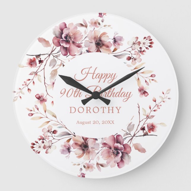 90th Birthday Personalised Burgundy Pink Floral Large Clock (Front)