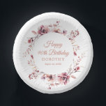 90th Birthday Personalised Burgundy Pink Floral Paper Plate<br><div class="desc">A personalised paper bowl is a great addition to your 90th birthday table decor. An elegant watercolor wreath decorates the centre. Four lines of text allow you to personalise the bowl. Two decorative traditional fonts create a harmonious design. I chose Happy 90th birthday and then the birthday celebrant's name and...</div>