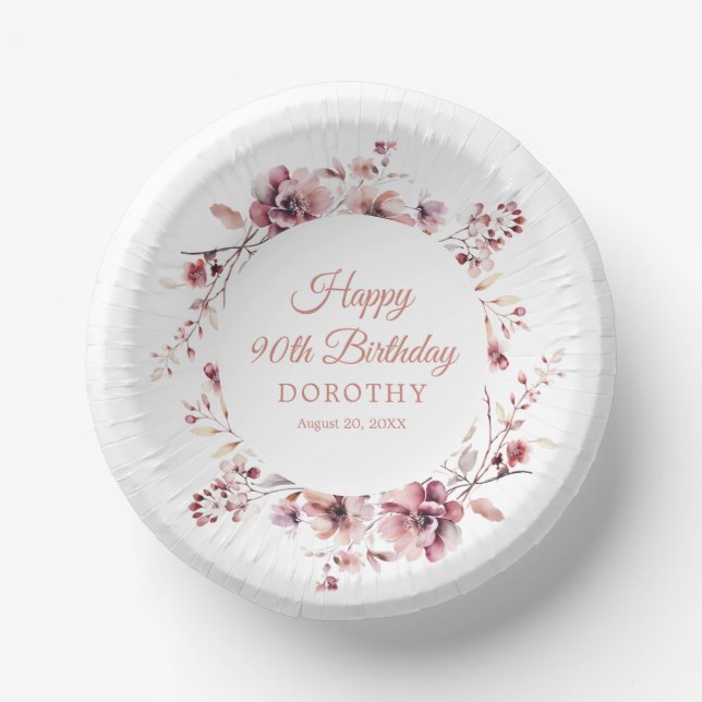 90th Birthday Personalised Burgundy Pink Floral Paper Plate (Front)