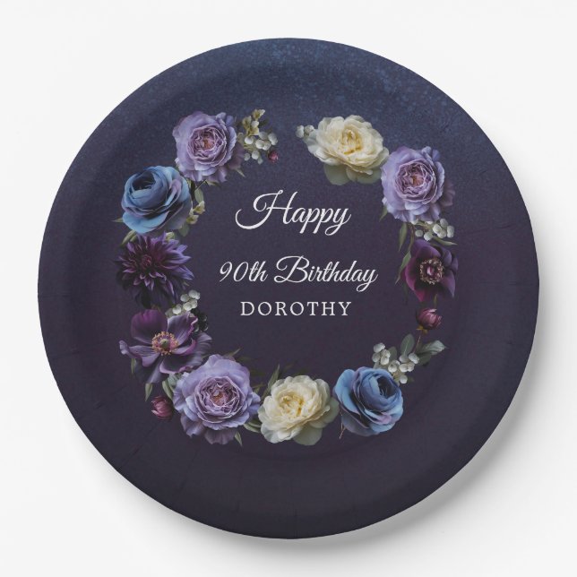 90th Birthday Personalised Moody Purple Flower Paper Plate (Front)