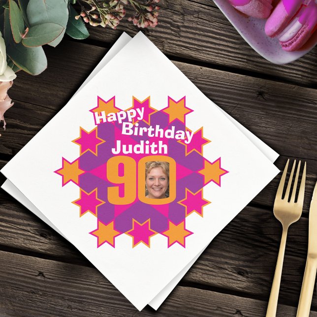 90th birthday photo and name pink star napkins (Creator Uploaded)
