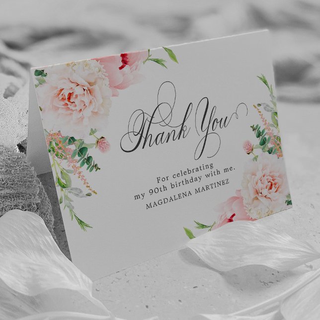 90th Birthday Photo Blush Pink Floral Folded Thank You Card (Creator Uploaded)