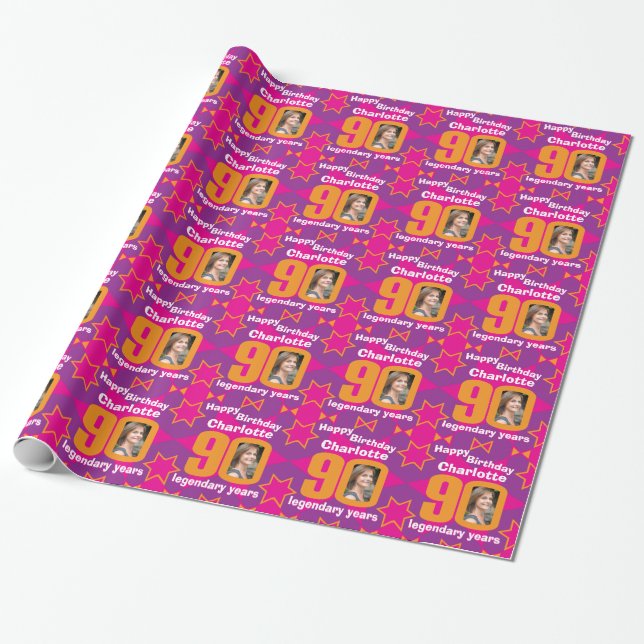 90th Birthday photo bright girls pink gift wrap (Unrolled)