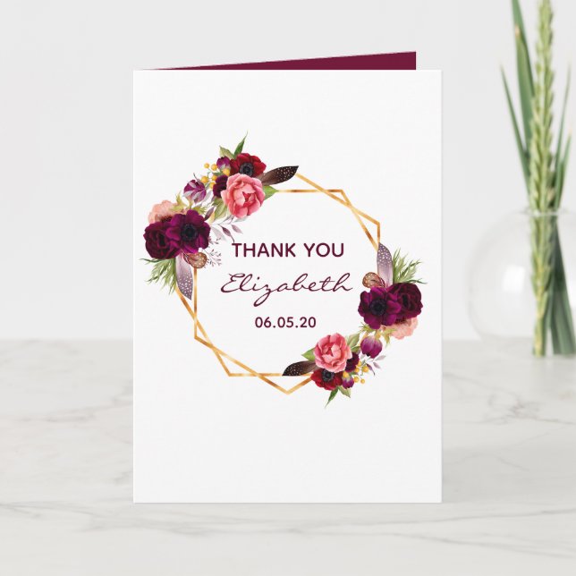 90th birthday photo burgundy floral Thank You Card (Front)