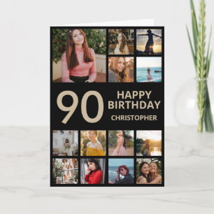 90th Birthday Photo Collage 13 Photos Black & Gold Card