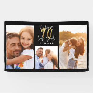 90th birthday photo collage black gold typography banner