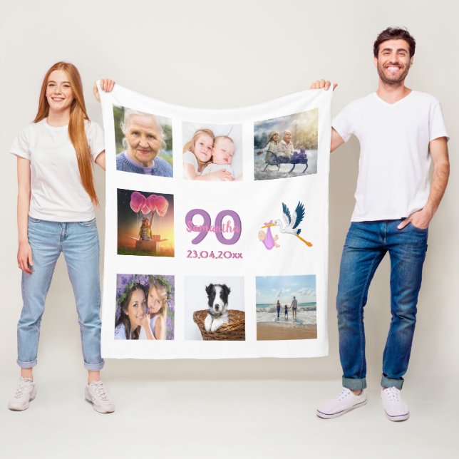 90th birthday photo collage white fleece blanket (In Situ)