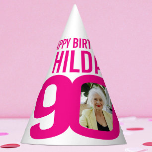 90th birthday photo custom photo pink white party hat