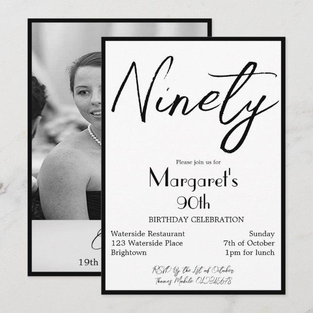 90th Birthday Photo Elegant Monogram Birthday Invi Invitation (Front/Back)