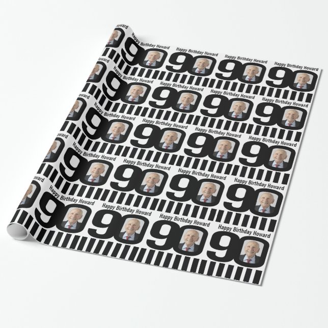 90th Birthday photo fun black and white wrapping Wrapping Paper (Unrolled)