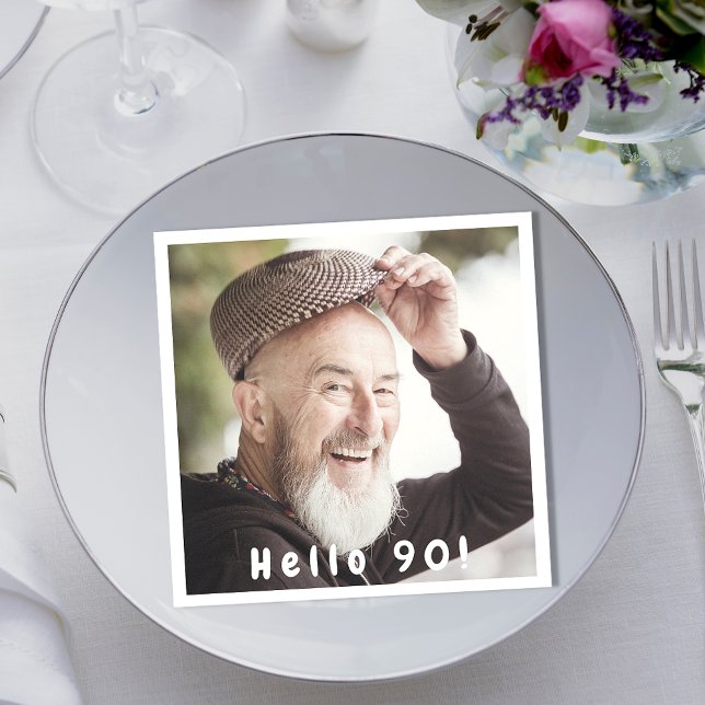 90th birthday photo hello 90 guys men napkin (Creator Uploaded)