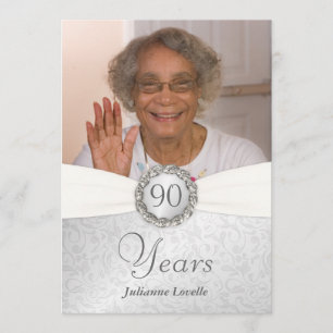 90th Birthday Photo Invitations - Silver & White