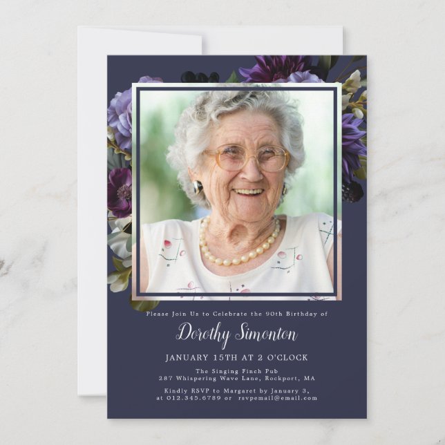 90th Birthday Photo Moody Purple Floral Invitation (Front)