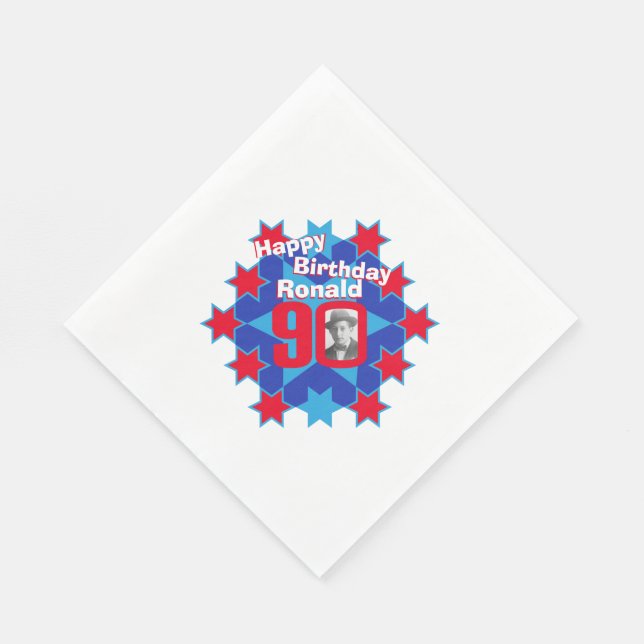 90th birthday photo name red star lunch napkins (Corner)