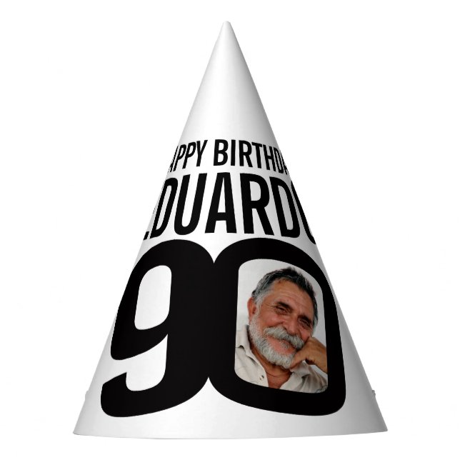 90th birthday photo personalised white black mono party hat (Front)
