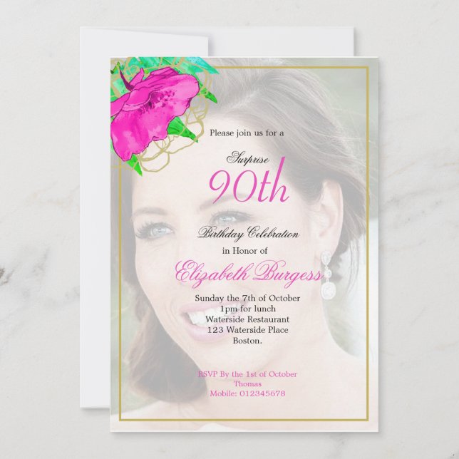 90th  Birthday Photo Pink  Gold Modern Elegant Invitation (Back)