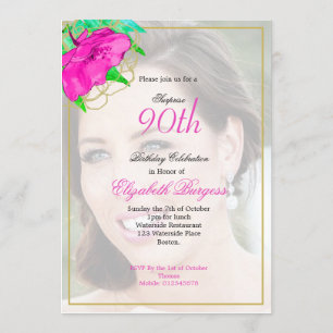 90th Birthday Photo Pink Gold Modern Elegant Invitation