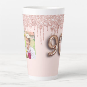 90th birthday photo rose gold glitter pink balloon latte mug