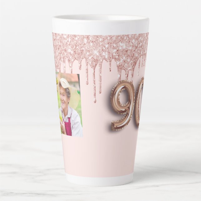 90th birthday photo rose gold pink drips  latte mug (Front)
