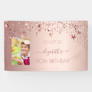 90th birthday photo rose gold pink stars banner