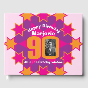 90th birthday photo star pink orange guest book